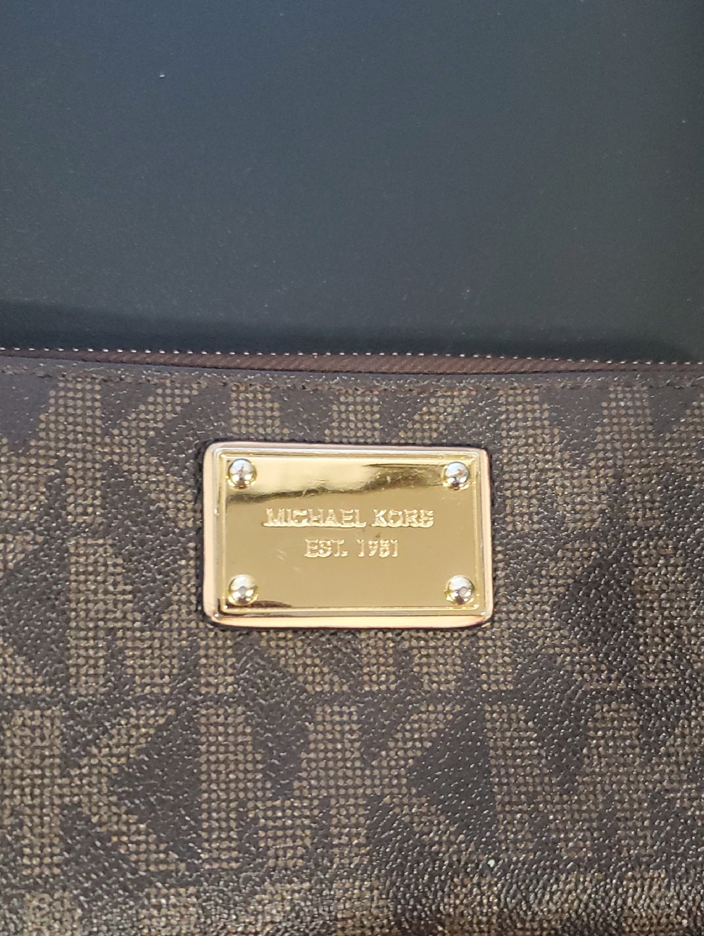 Michael Kors Brown Monogram ZIP Around Wallet with Gold Plate